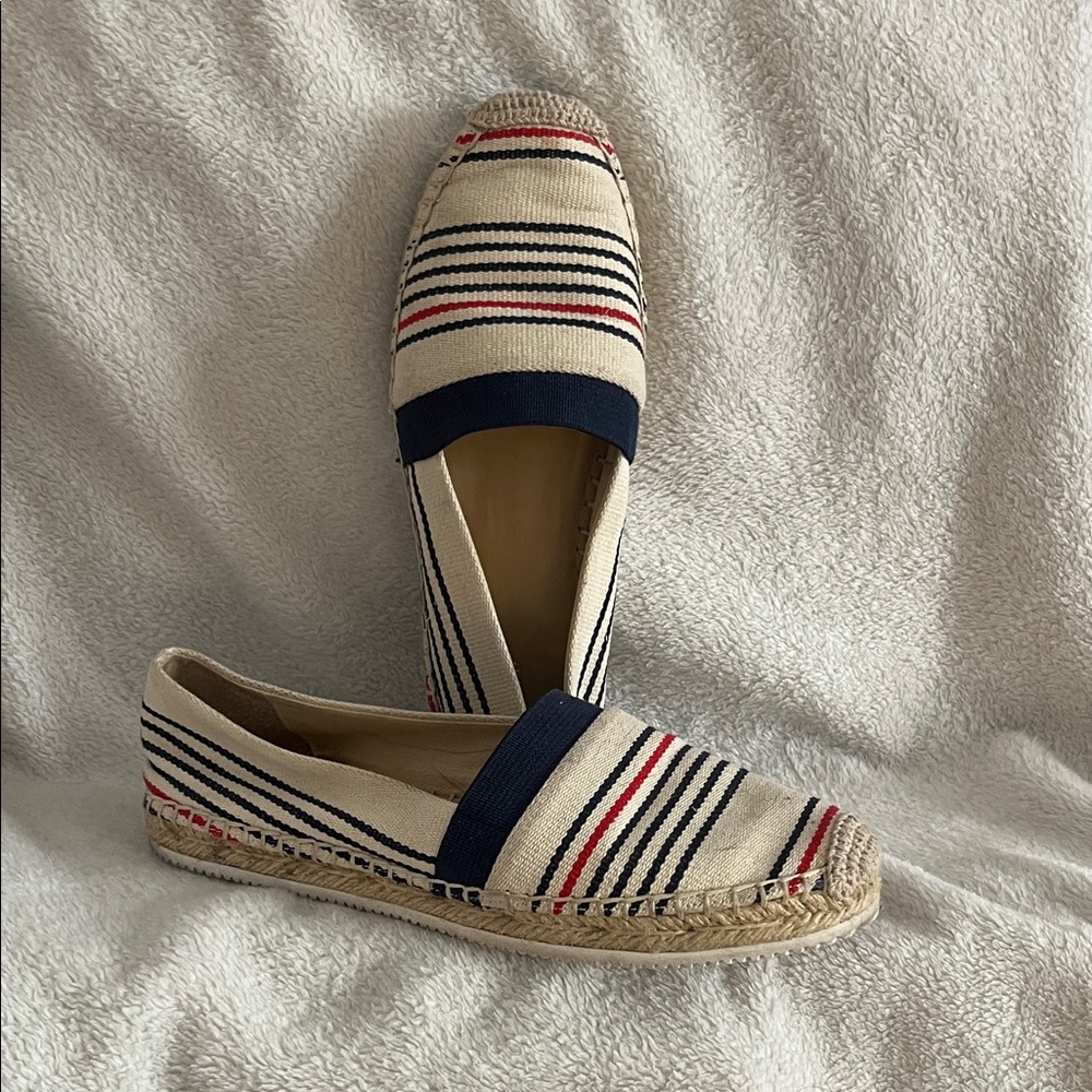 Lands' End Cream Canvas Espadrilles with Navy & Red Stripes